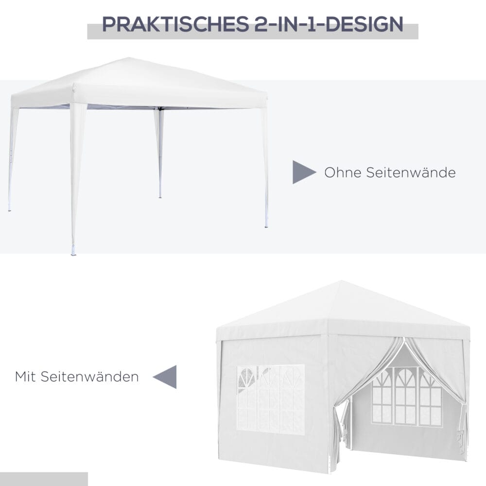 Weißer Pavillon 3x3m mit UV-Schutz, Seitenwänden & Fenstern.