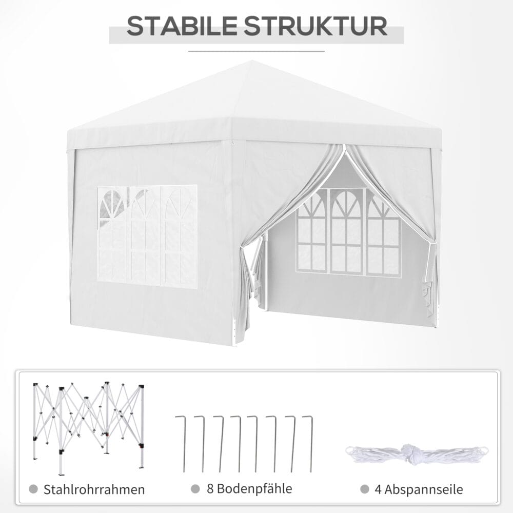 Weißer Pavillon 3x3m mit UV-Schutz, Seitenwänden & Fenstern.