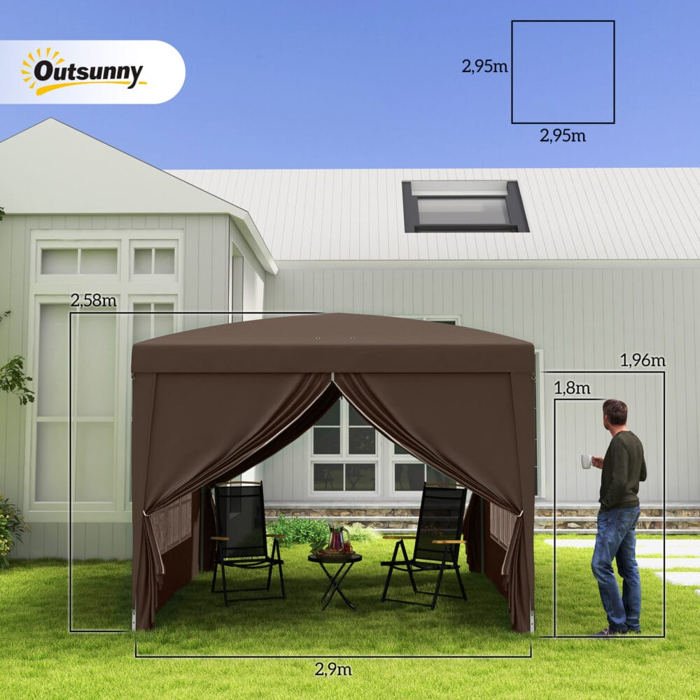 Kaffeefarbener, wasserabweisender und faltbarer Pavillon 3x3m mit Tasche & Seitenteilen.