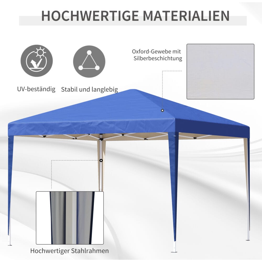 Blauer, wasserabweisender und faltbarer Pavillon 3x3m mit UV-Schutz und Tasche.