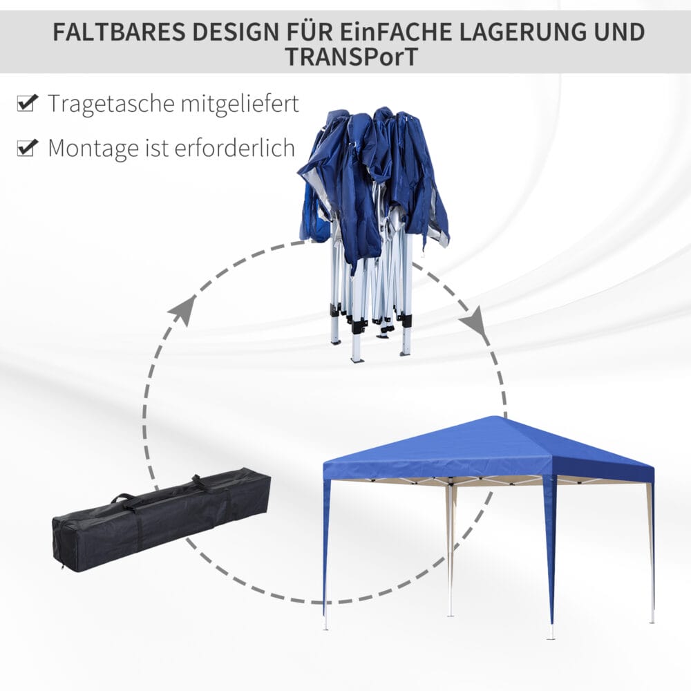 Blauer, wasserabweisender und faltbarer Pavillon 3x3m mit UV-Schutz und Tasche.
