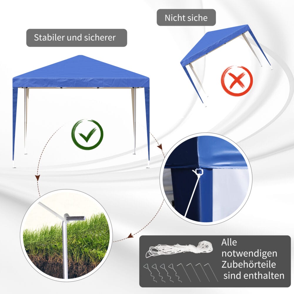Blauer, wasserabweisender und faltbarer Pavillon 3x3m mit UV-Schutz und Tasche.