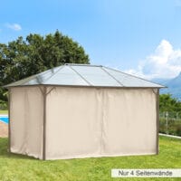 Beiger, wetterfester Pavillon 3x4m mit Seitenteilen.