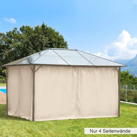 Beiger, wetterfester Pavillon 3x4m mit Seitenteilen.