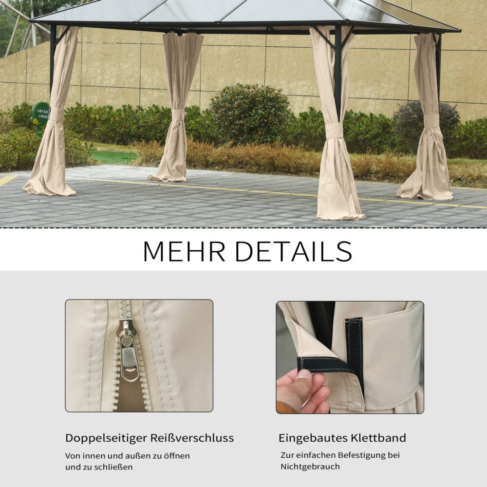 Beiger, wetterfester Pavillon 3x4m mit Seitenteilen.