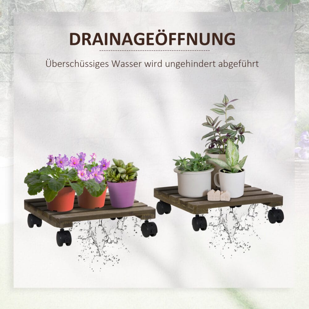 Pflanzenroller im 2er-Set mit Bremsen, für Pflanzentöpfe, Dunkelbraun.