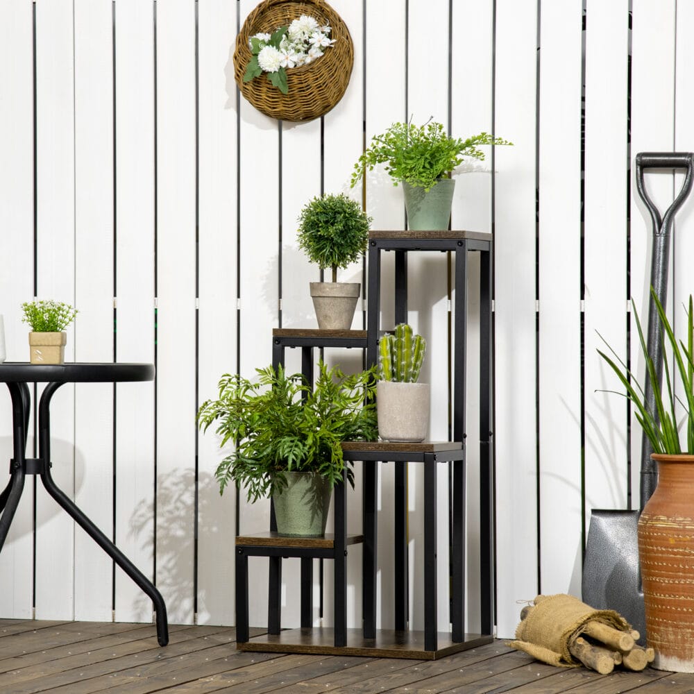 Pflanzenständer mit 4 Ebenen für Balkon & Garten, Farbe Braun.