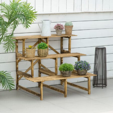 Pflanzentreppe aus Tannenholz mit 3 Stufen, Maße 100x80x78 cm.