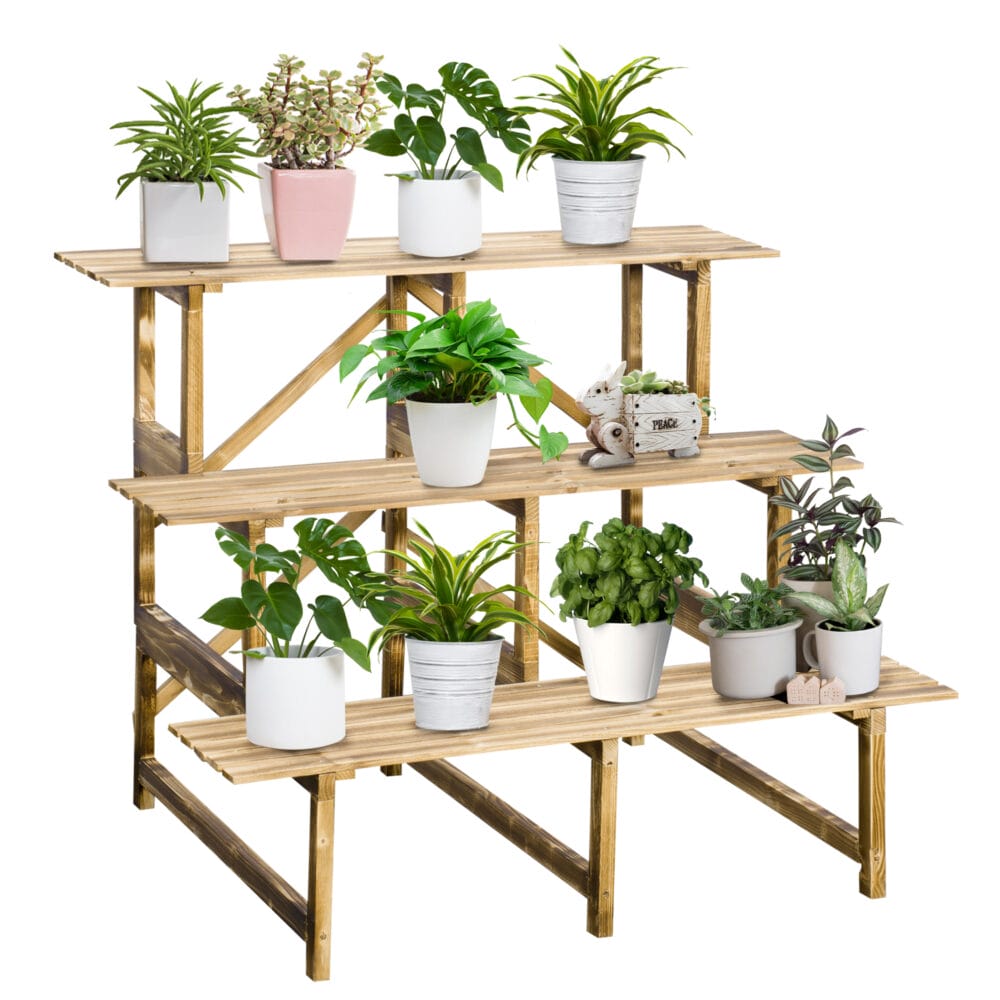 Pflanzentreppe aus Tannenholz mit 3 Stufen, Maße 100x80x78 cm.