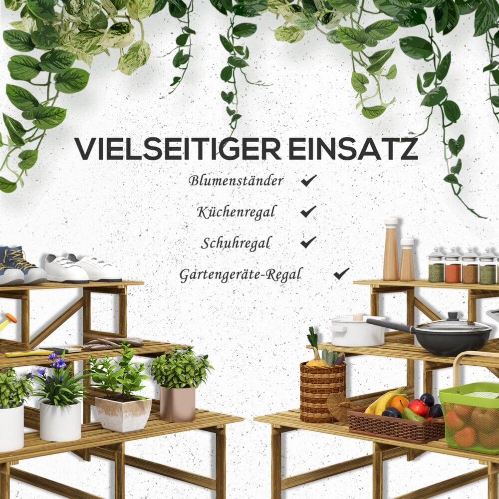 Pflanzentreppe aus Tannenholz mit 3 Stufen, Maße 120x80x78 cm.