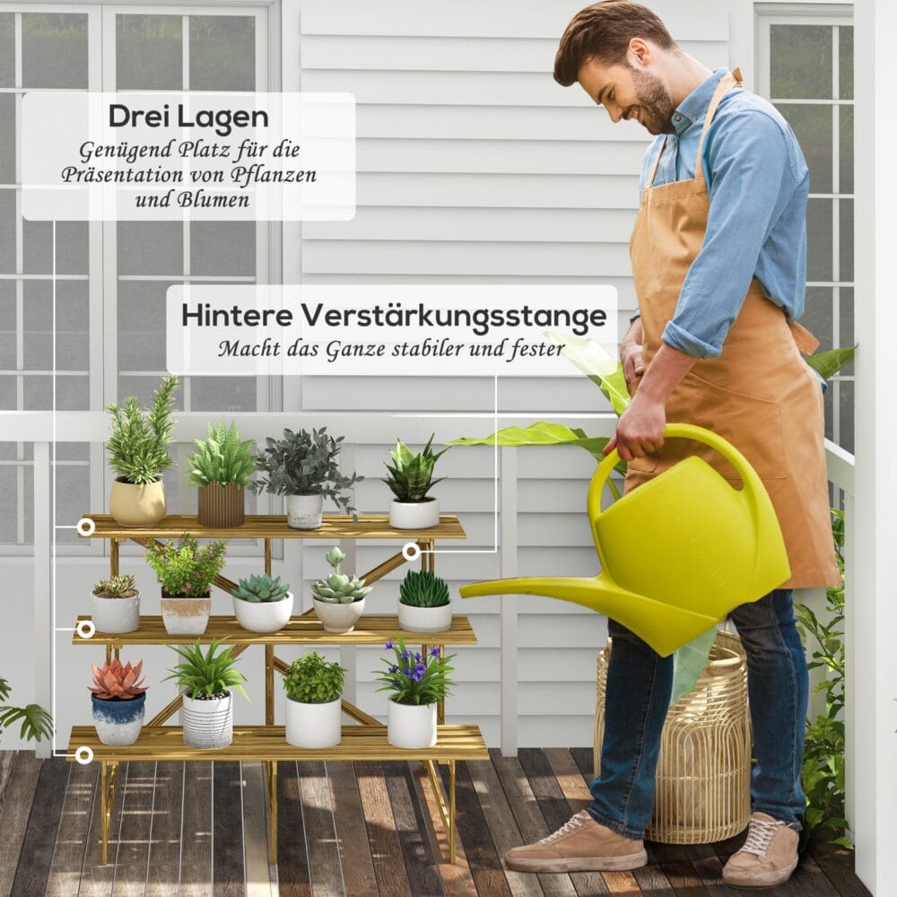Pflanzentreppe aus Tannenholz mit 3 Stufen, Maße 120x80x78 cm.