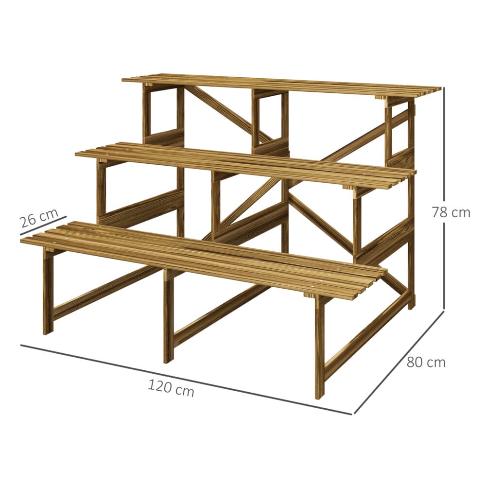 Pflanzentreppe aus Tannenholz mit 3 Stufen, Maße 120x80x78 cm.