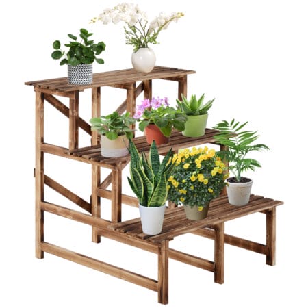 Pflanzentreppe aus Tannenholz mit 3 Stufen, Maße 80x80x78 cm.