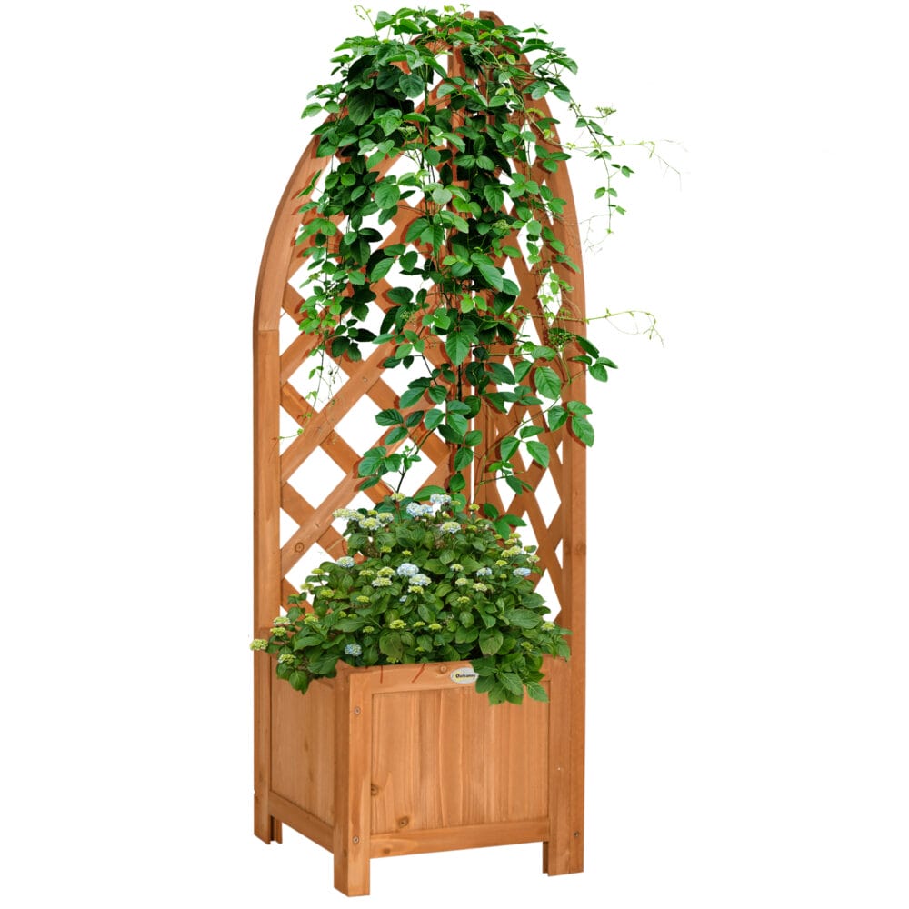Pflanzkasten mit Rankhilfe für Garten und Terrasse, Farbe Braun.