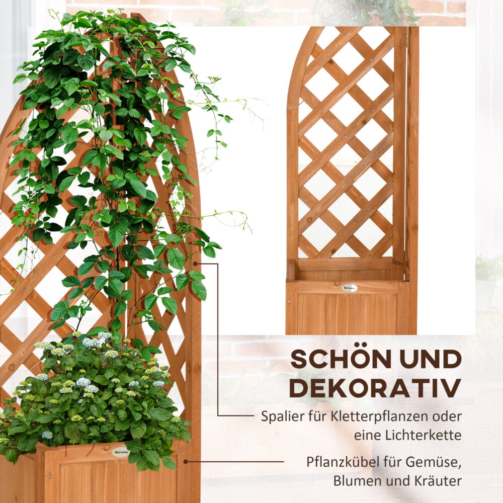 Pflanzkasten mit Rankhilfe für Garten und Terrasse, Farbe Braun.
