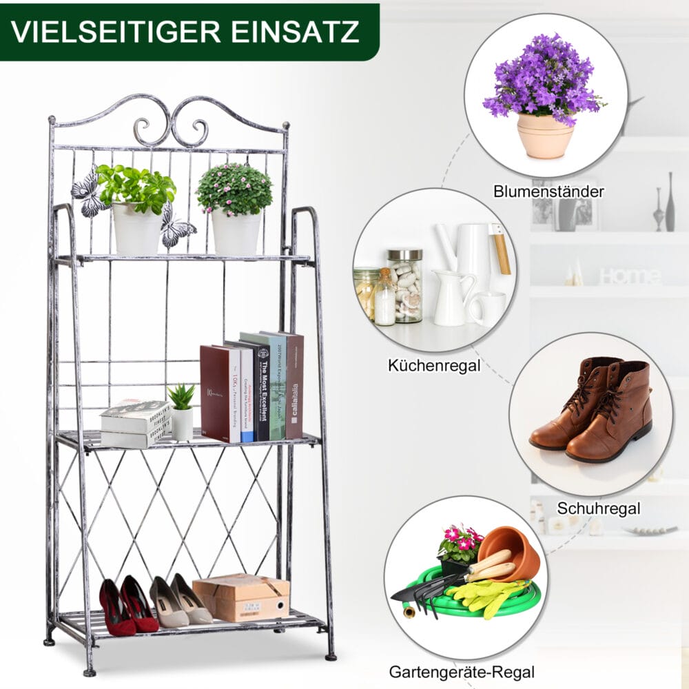 Pflanzregal mit 3 Ebenen, platzsparend aus Metall in Silbergrau.