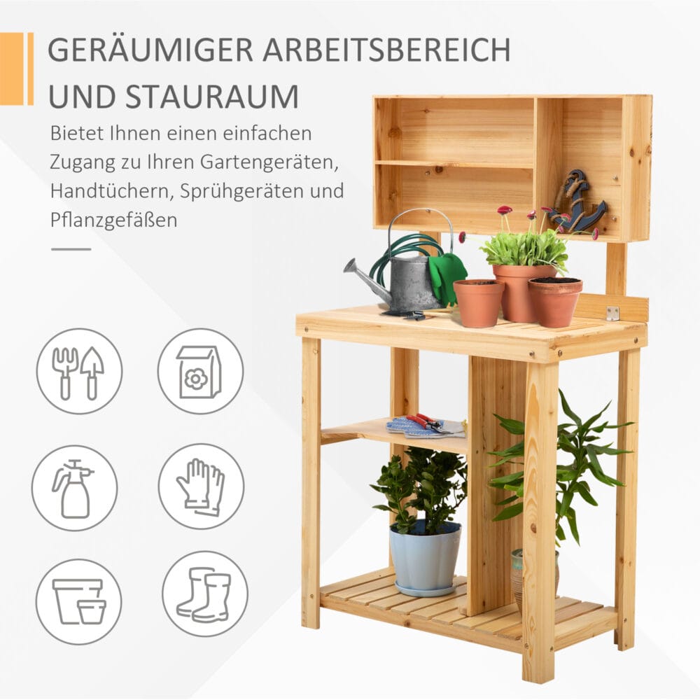 Pflanztisch mit Ablage aus Tannenholz, ideal für Garten und Balkon.