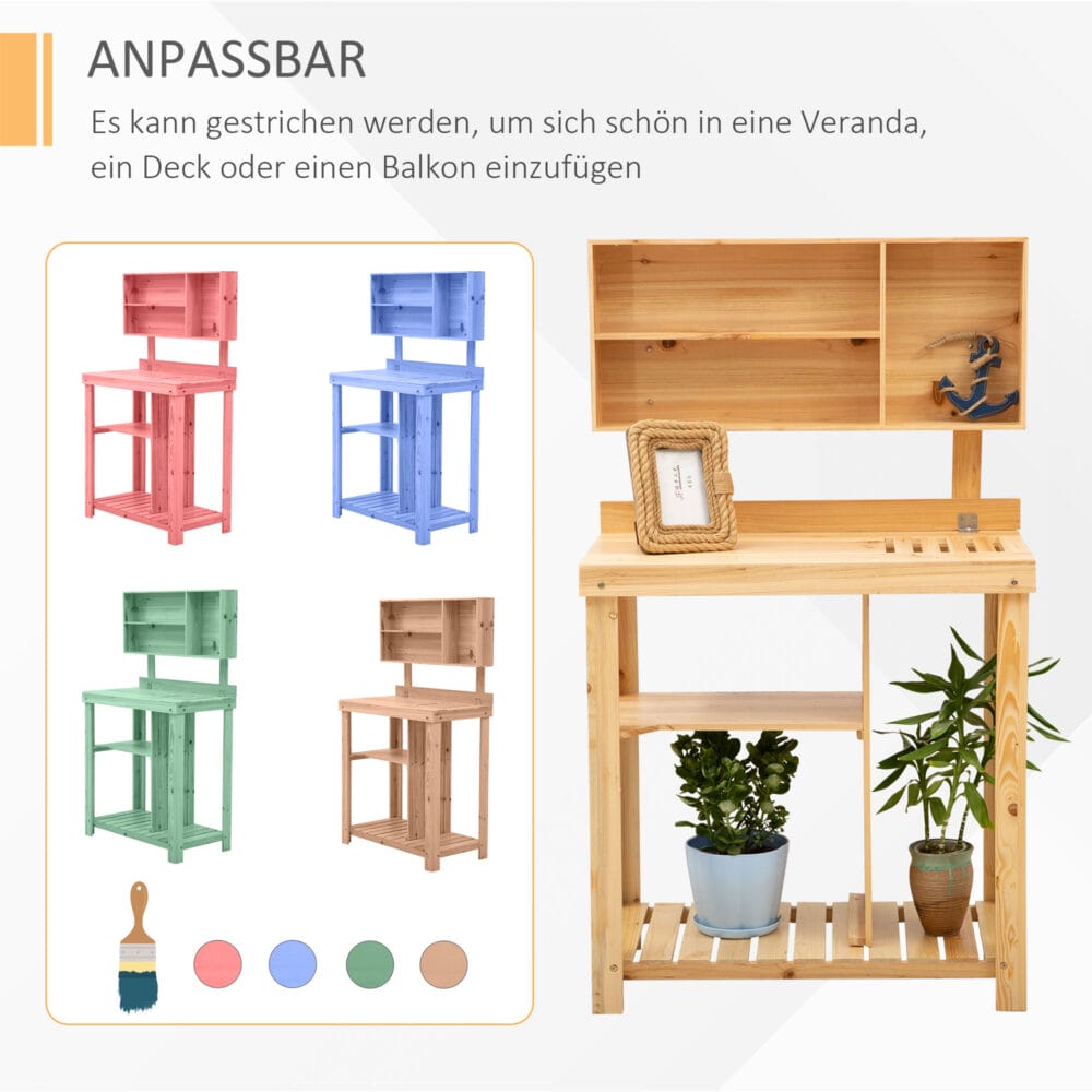 Pflanztisch mit Ablage aus Tannenholz, ideal für Garten und Balkon.