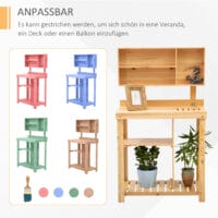 Pflanztisch mit Ablage aus Tannenholz, ideal für Garten und Balkon.