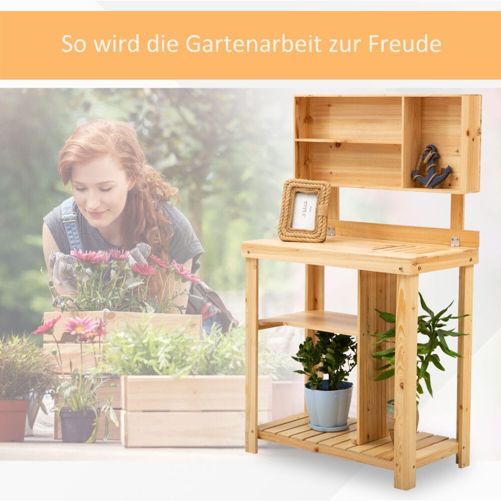 Pflanztisch mit Ablage aus Tannenholz, ideal für Garten und Balkon.