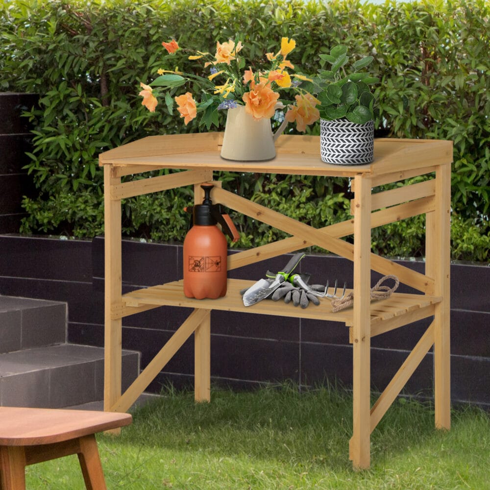 Pflanztisch mit Ablagefläche aus Holz, funktional für Garten, Hellbraun.