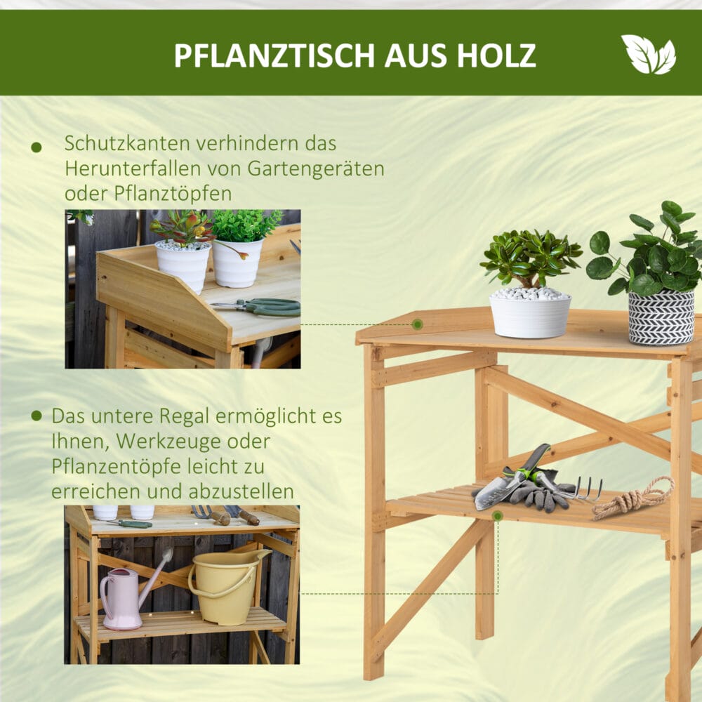 Pflanztisch mit Ablagefläche aus Holz, funktional für Garten, Hellbraun.