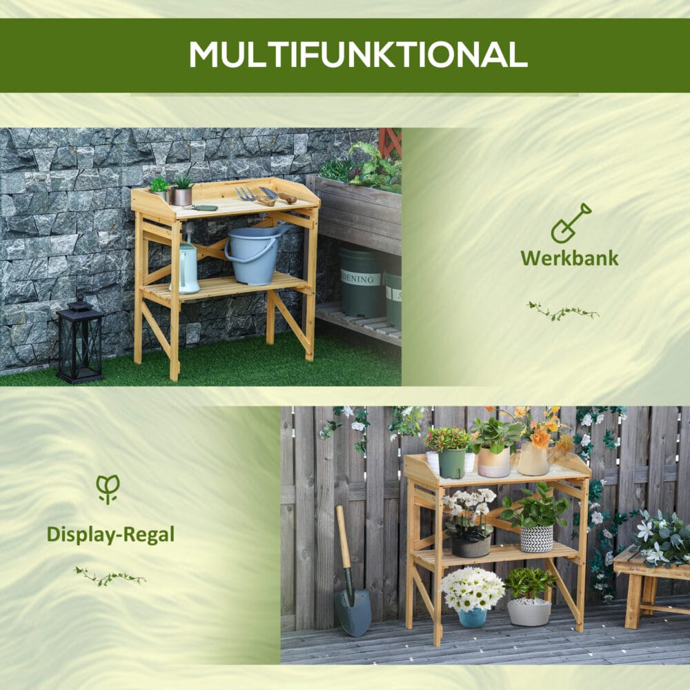 Pflanztisch mit Ablagefläche aus Holz, funktional für Garten, Hellbraun.