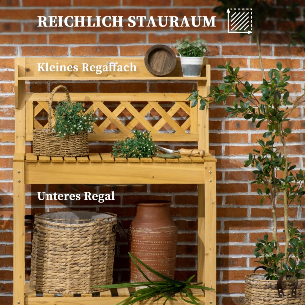 Pflanztisch mit Edelstahlbecken, modern und praktisch, Farbe Braun.