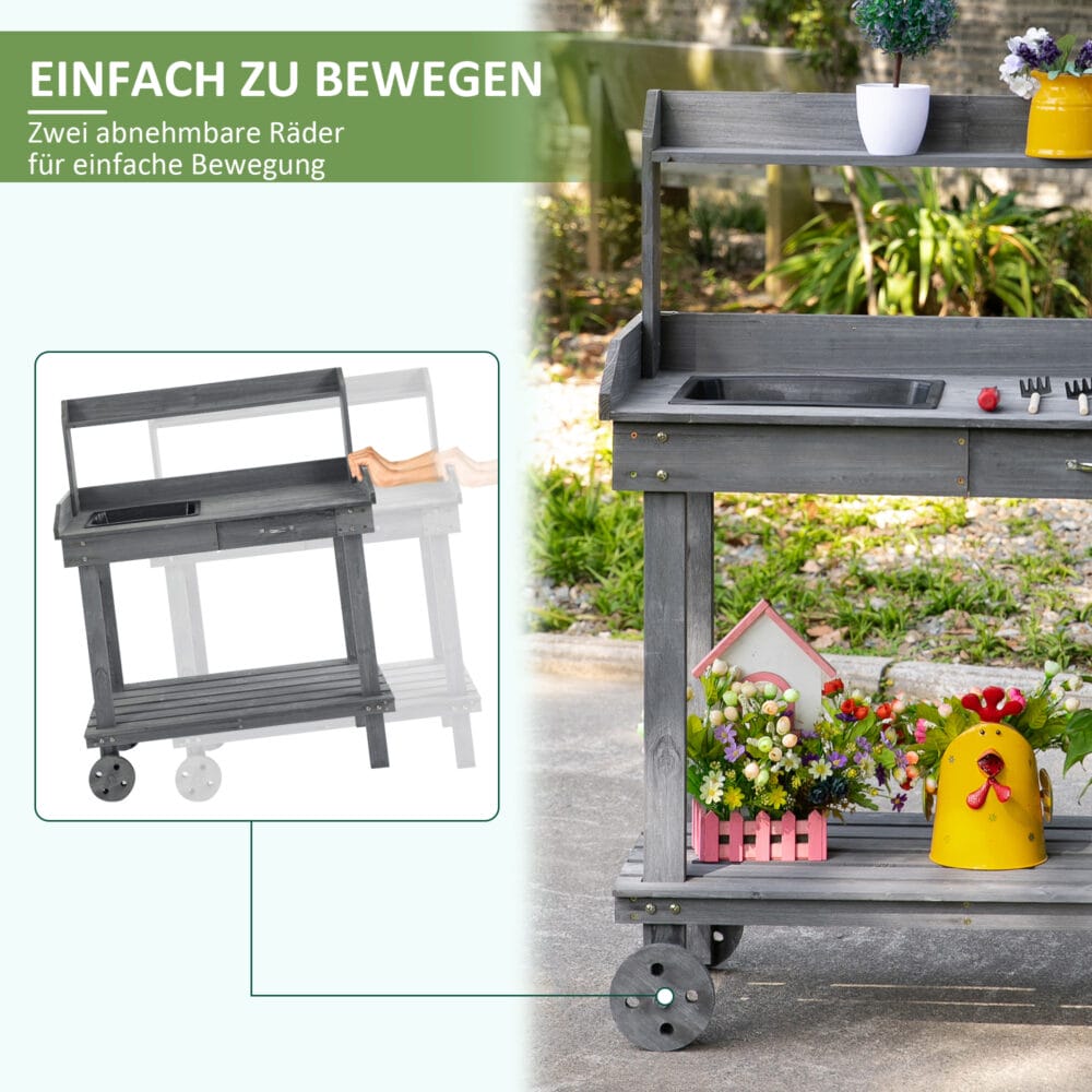 Pflanztisch mit Schublade, Waschbecken und Rollen, Farbe Grau.