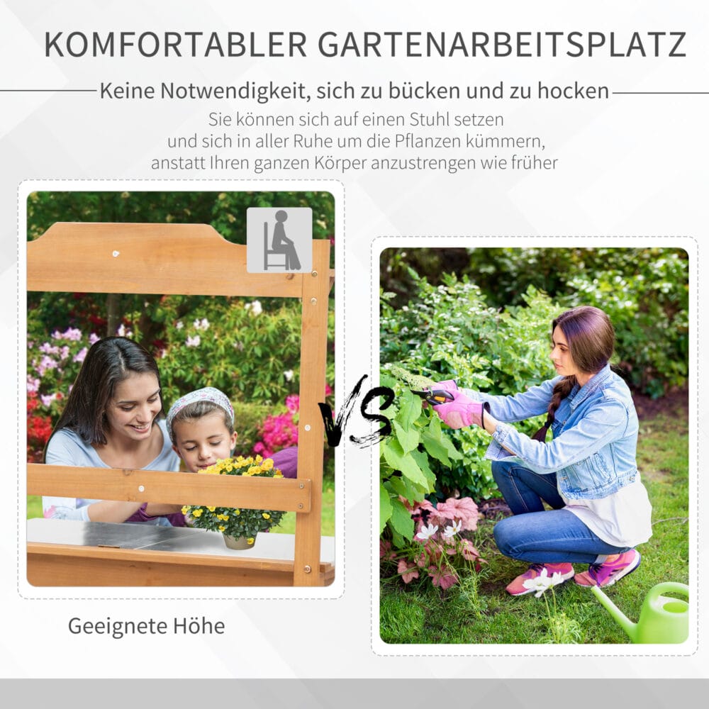 Wetterfester Pflanztisch mit verzinkter Arbeitsplatte, pflegeleicht.