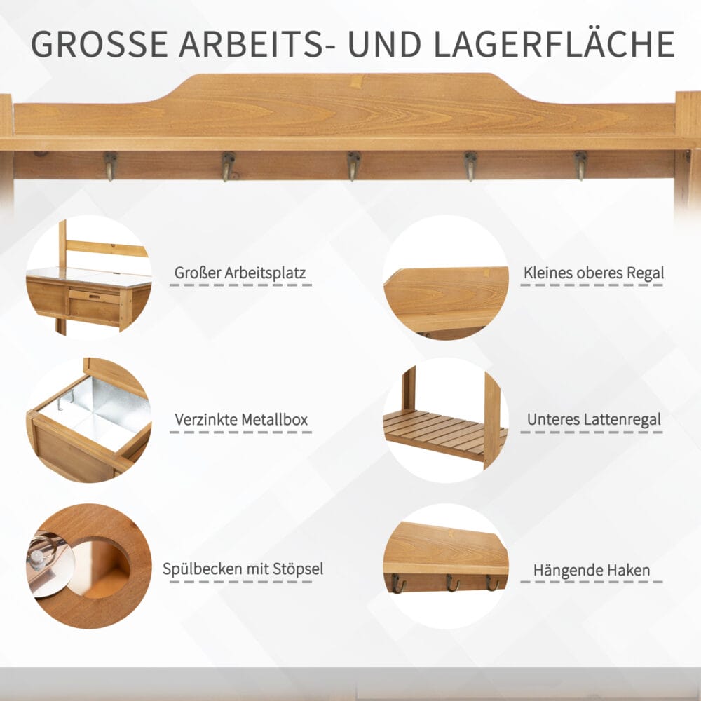 Wetterfester Pflanztisch mit verzinkter Arbeitsplatte, pflegeleicht.