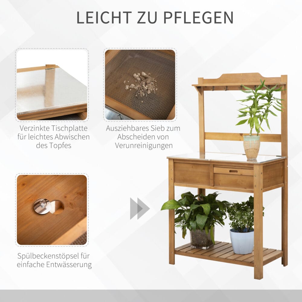 Wetterfester Pflanztisch mit verzinkter Arbeitsplatte, pflegeleicht.