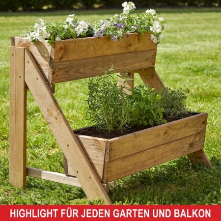 Holz-Pflanztreppe mit zwei Ebenen für Blumen oder Kräuter.