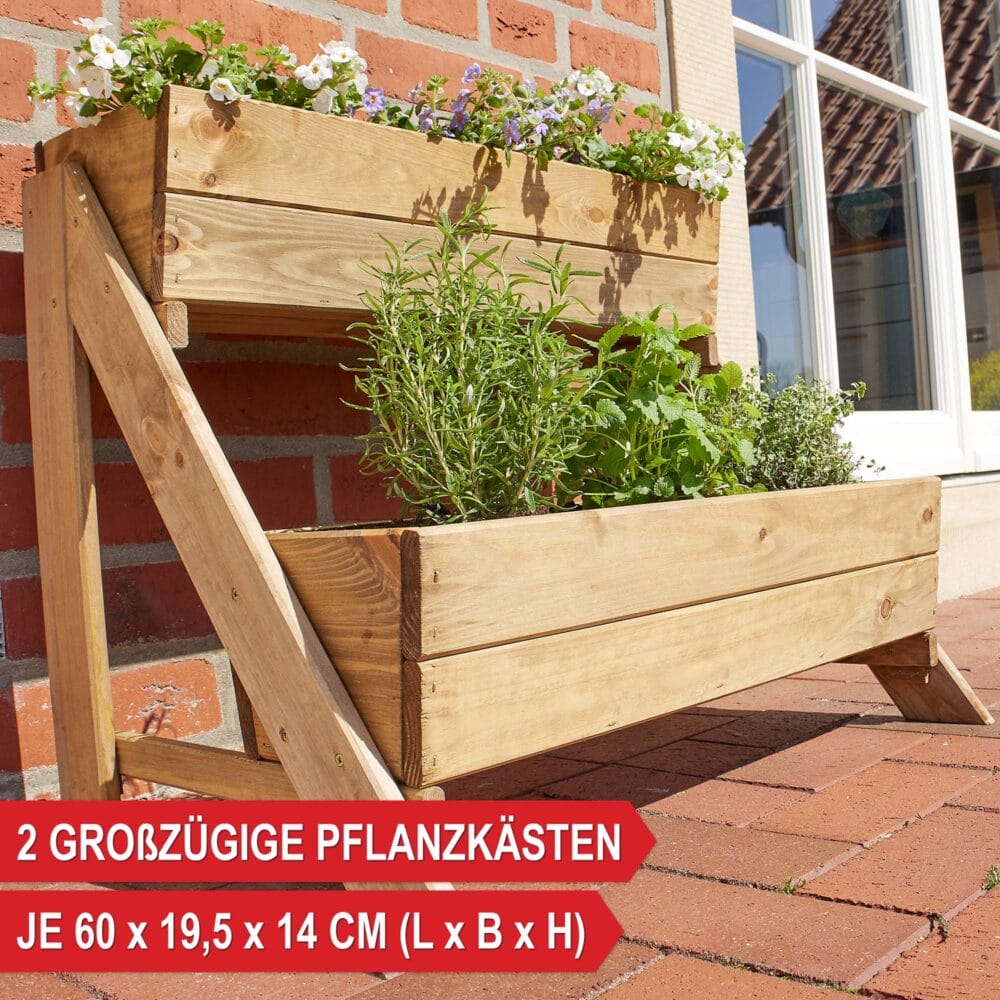 Holz-Pflanztreppe mit zwei Ebenen für Blumen oder Kräuter.