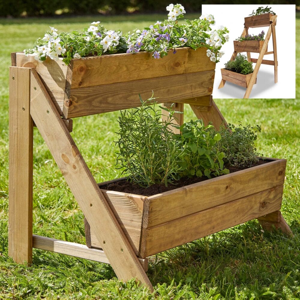 Holz-Pflanztreppe mit zwei Ebenen für Blumen oder Kräuter.