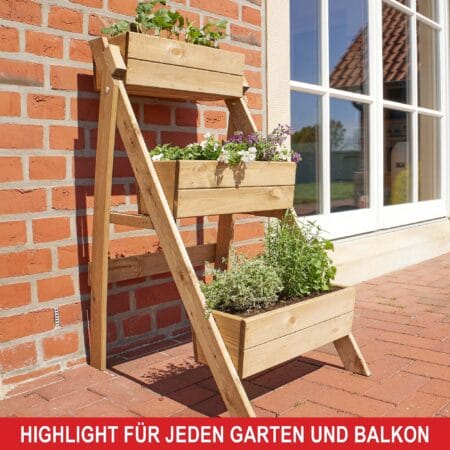 Drei-stufige Pflanztreppe aus Holz für Pflanzen oder Dekoration.
