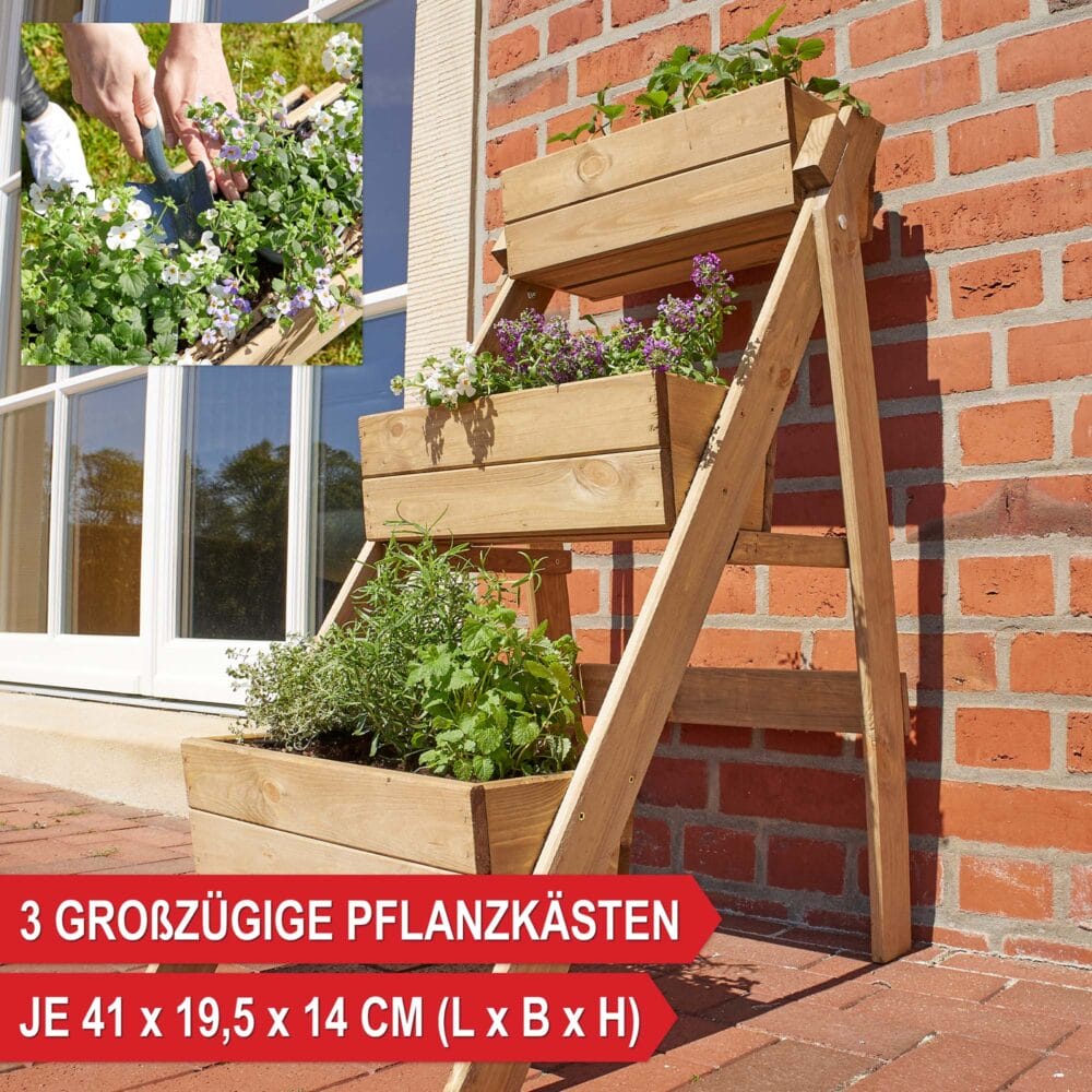 Drei-stufige Pflanztreppe aus Holz für Pflanzen oder Dekoration.