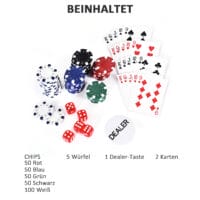 Kompakter Pokerkoffer mit 300 Chips, zwei Kartenspielen und fünf Würfeln, ideal für unterwegs im handlichen Alukoffer.