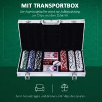 Kompakter Pokerkoffer mit 300 Chips, zwei Kartenspielen und fünf Würfeln, ideal für unterwegs im handlichen Alukoffer.