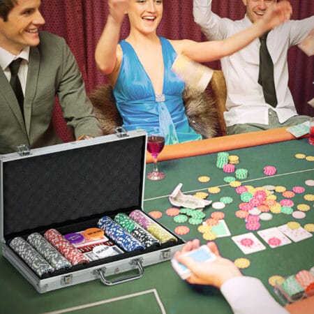 Silberner Pokerkoffer mit 300 Chips und Schloss, Komplettset für Pokerabende