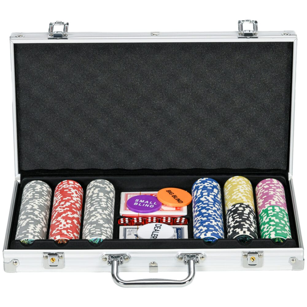 Silberner Pokerkoffer mit 300 Chips und Schloss, Komplettset für Pokerabende