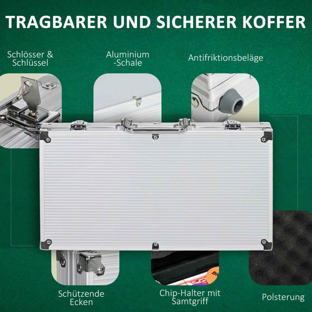 Silberner Pokerkoffer mit 300 Chips und Schloss, Komplettset für Pokerabende