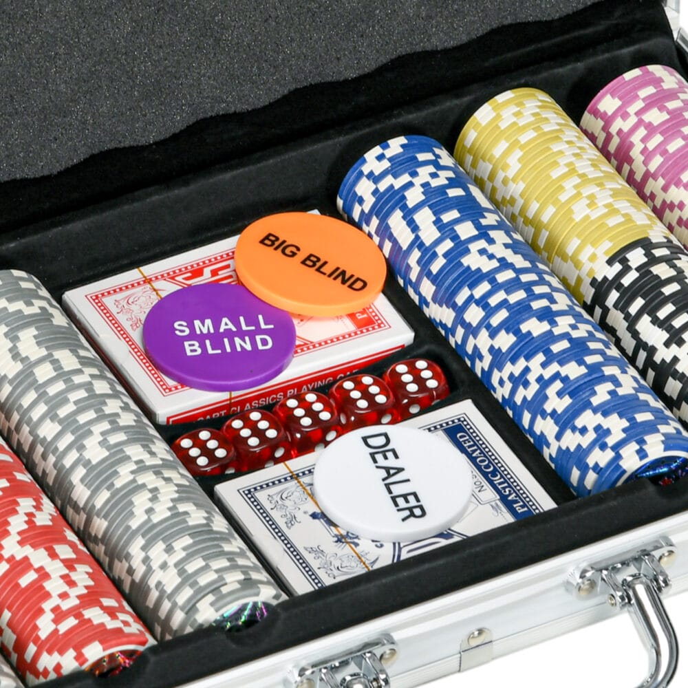 Silberner Pokerkoffer mit 300 Chips und Schloss, Komplettset für Pokerabende