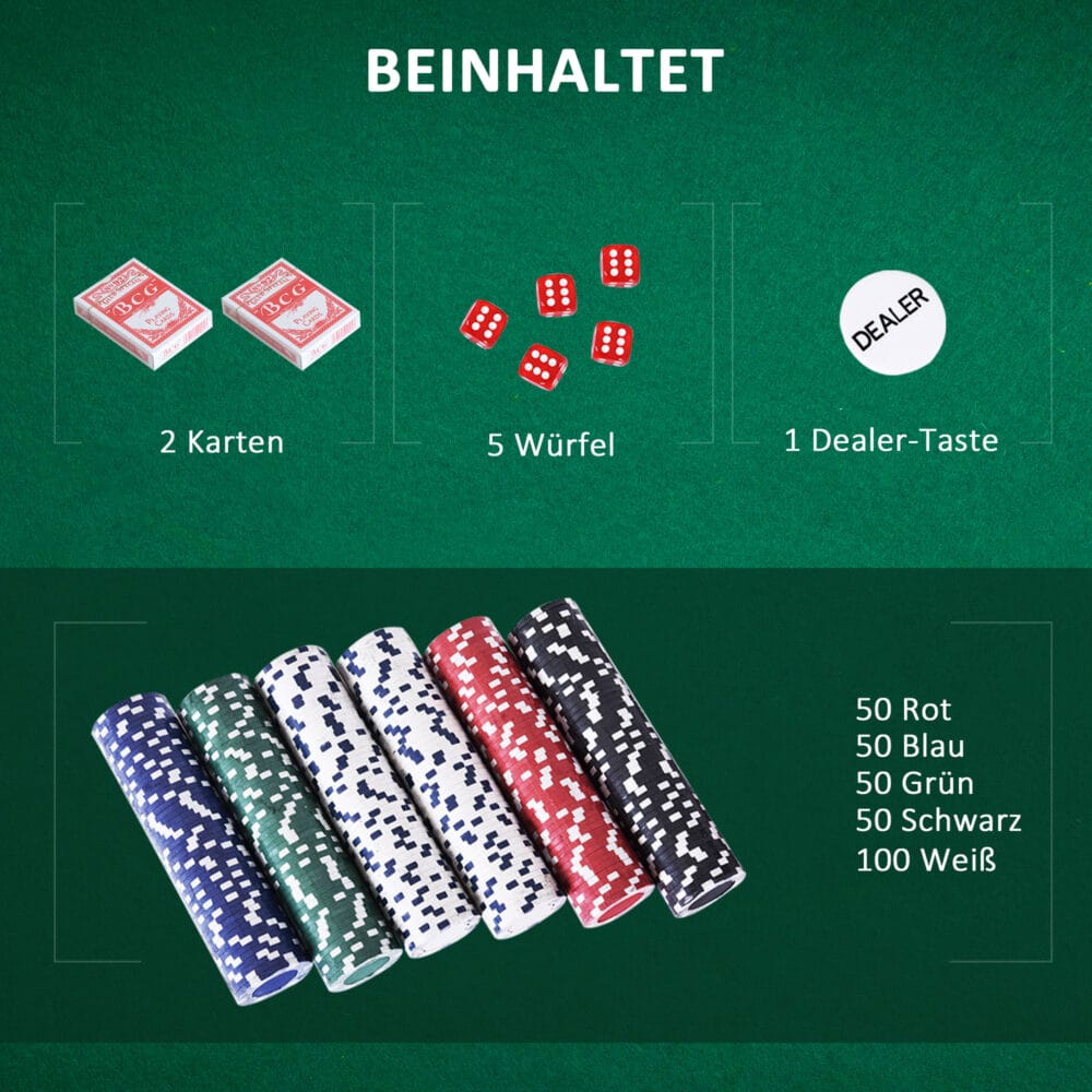 Pokerkoffer Set mit 500 Pokerchips, zwei Kartenspielen und fünf Würfeln im stabilen Alukoffer für Poker-Abende.