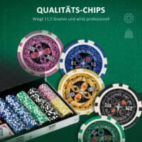 Pokerkoffer Set 500 Chips mit Schloss, zwei Kartendecks und Würfeln, Premium Alukoffer für Pokerspiele.