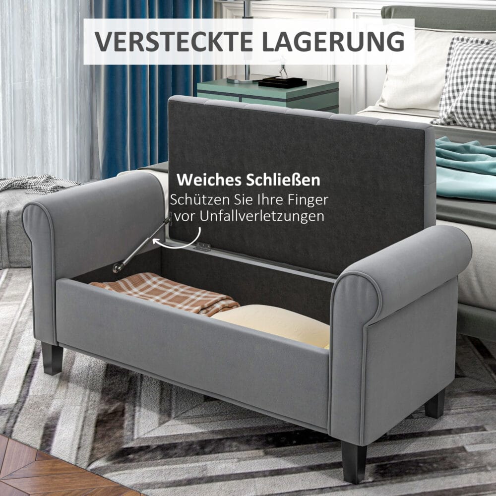 Graue Polsterbank in Samtoptik mit Stauraum, Masse 126x48.5x47cm. Eine geräumige und komfortable Sitzgelegenheit.