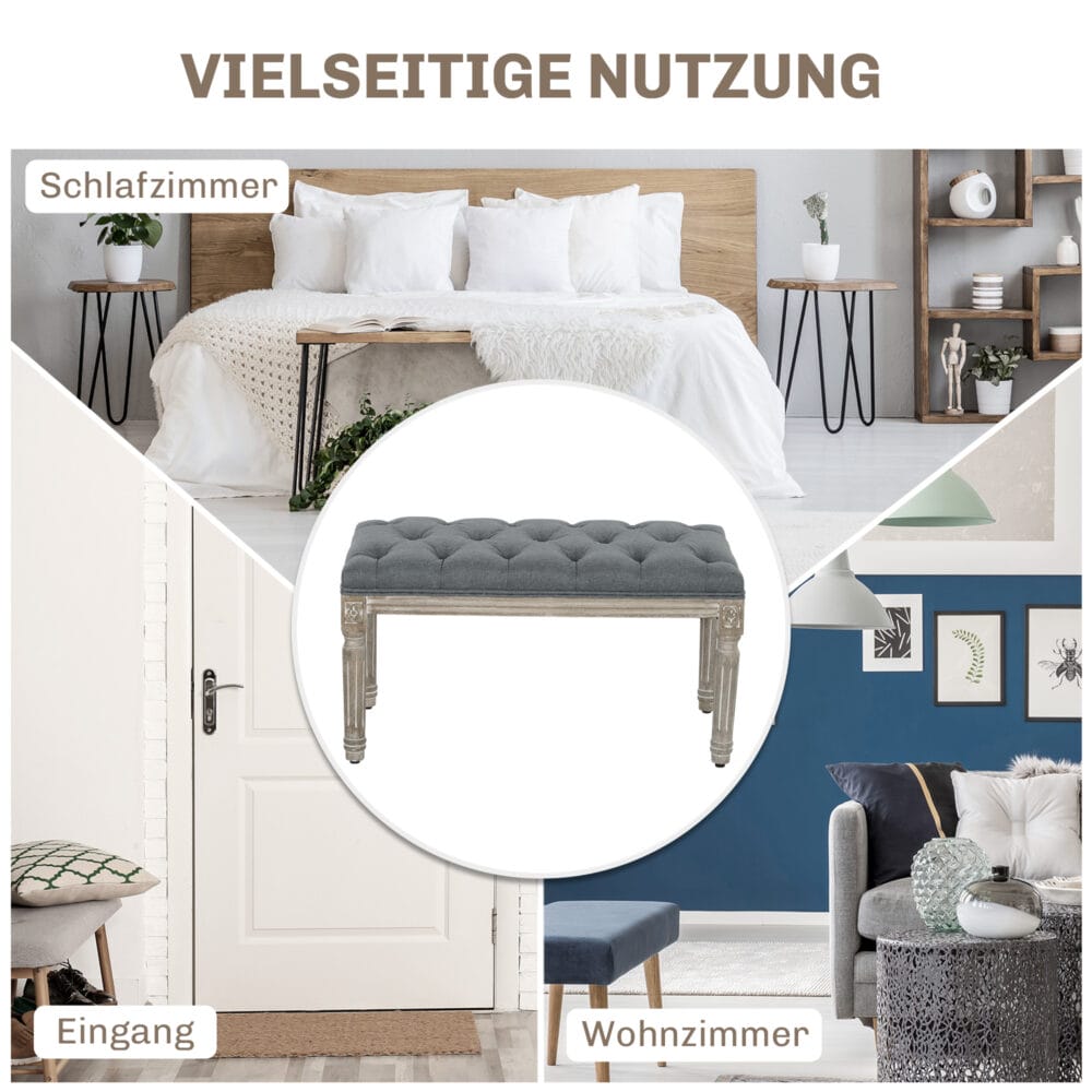 Graue Polsterbank im Vintage-Stil mit eleganter Knopfverzierung. Ein zeitloses Möbelstück für klassische Einrichtungen.