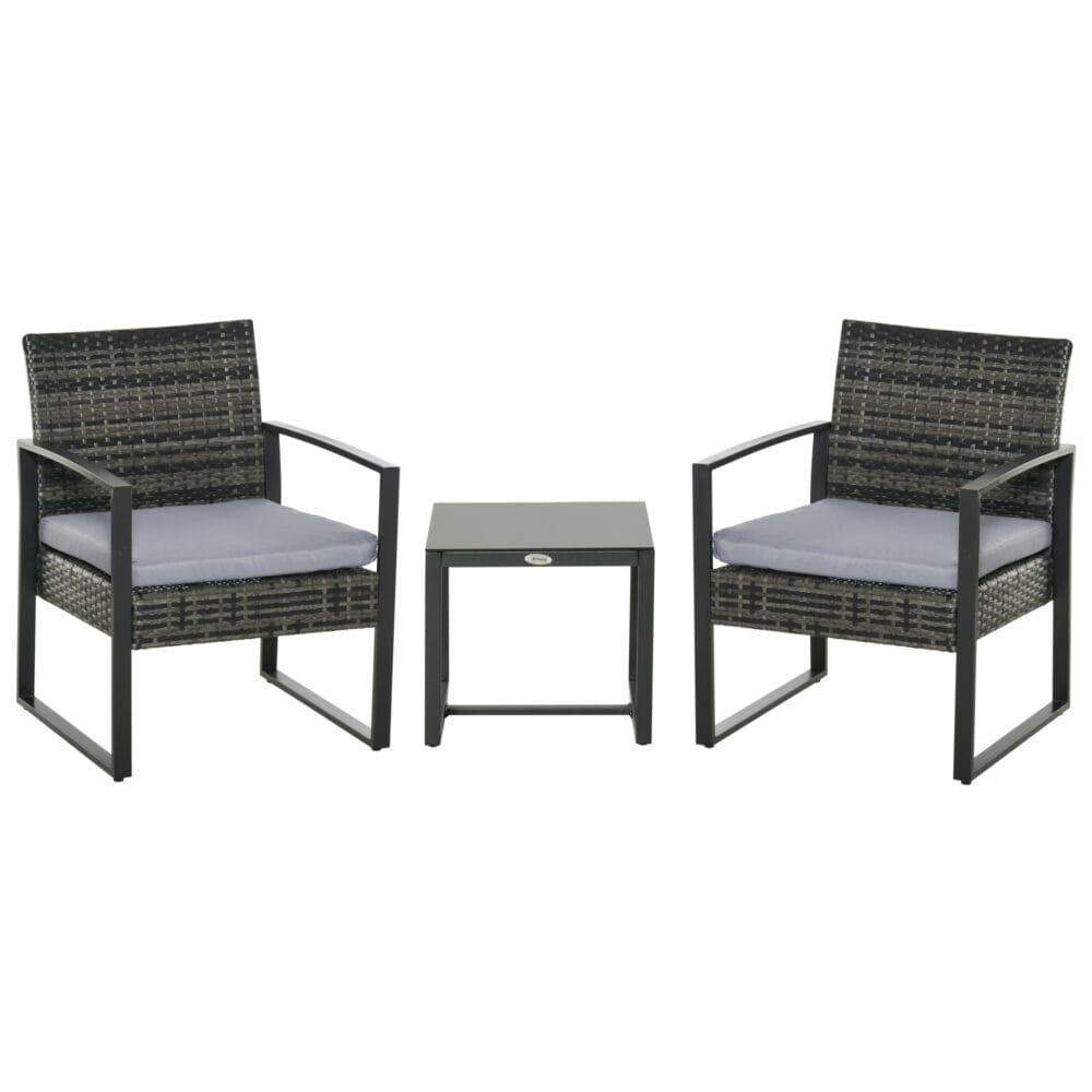 Graues gemütliches Polyrattan-Balkonset für zwei Personen, inklusive bequemer Kissen, perfekt für kleine Balkone.