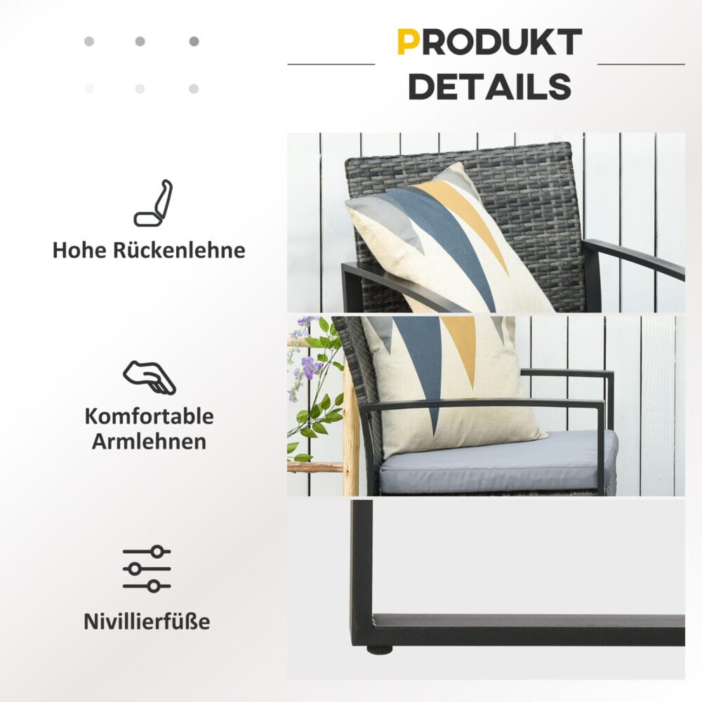Graues gemütliches Polyrattan-Balkonset für zwei Personen, inklusive bequemer Kissen, perfekt für kleine Balkone.
