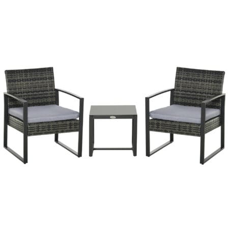 Graues gemütliches Polyrattan-Balkonset für zwei Personen, inklusive bequemer Kissen, perfekt für kleine Balkone.